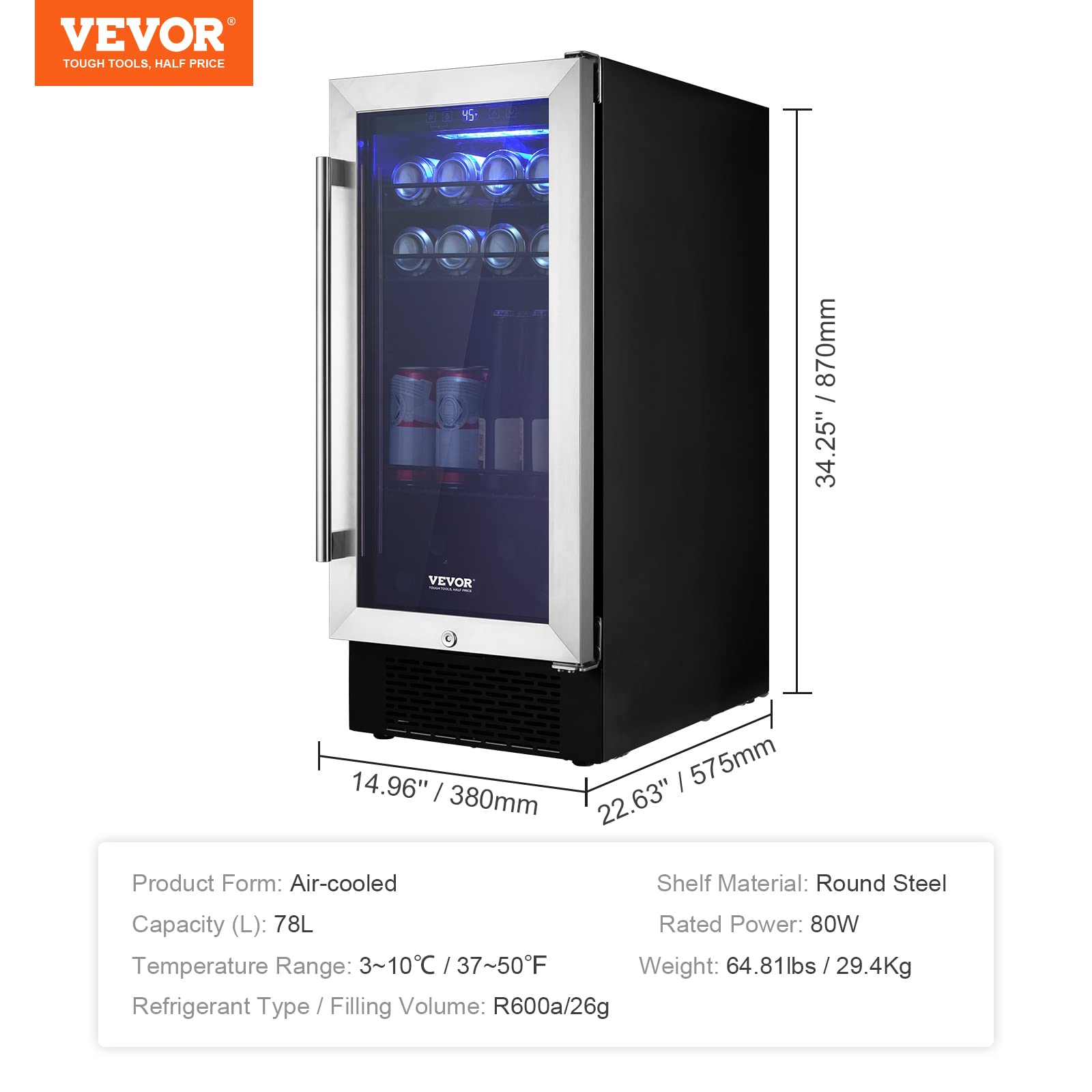 VEVOR 15” Beverage Refrigerator, 96 Cans Under Counter Built-in or Freestanding Beer Fridge, Blue LED Light, Adjustable Shelves, Child Lock, ETL