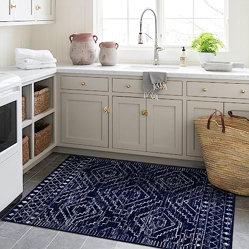 Wonnitar Moroccan Washable Rug 3x5, Blue Non-Slip Entryway Area Rug, Soft Farmhouse Bedroom Throw Mat, Geometric Low Pile Scandinavian Accent Carpet for Entry Kitchen Basement (Blue,3'x5')