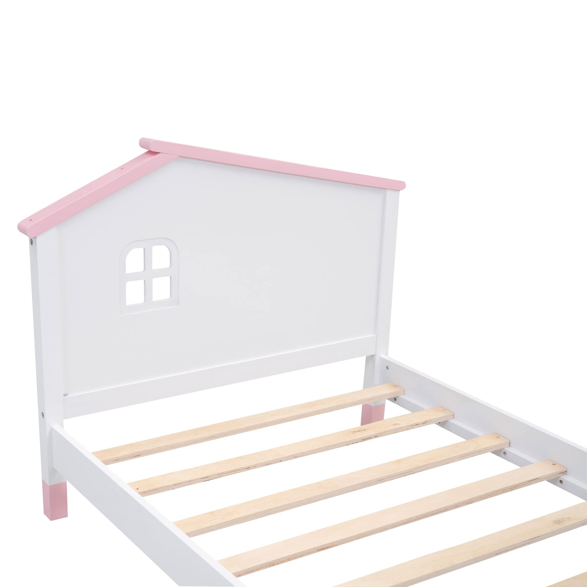 Bellemave Twin Platform Bed with Headboard, House Twin Bed with Support Slats, Wood Kids Twin Size Bed for Boys Girls, No Box Spring Needed, Bedroom Furniture (White+Pink)