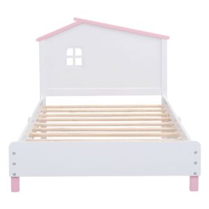 Bellemave Twin Platform Bed with Headboard, House Twin Bed with Support Slats, Wood Kids Twin Size Bed for Boys Girls, No Box Spring Needed, Bedroom Furniture (White+Pink)