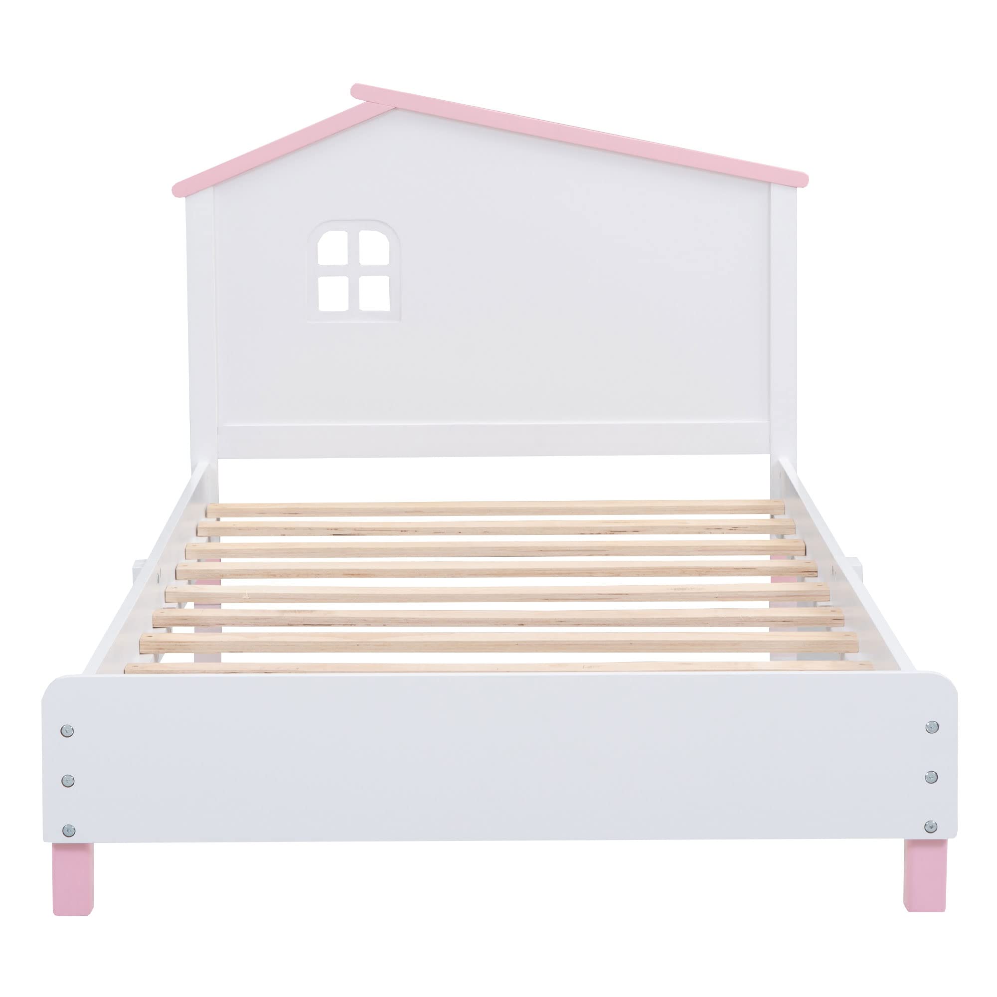 Bellemave Twin Platform Bed with Headboard, House Twin Bed with Support Slats, Wood Kids Twin Size Bed for Boys Girls, No Box Spring Needed, Bedroom Furniture (White+Pink)