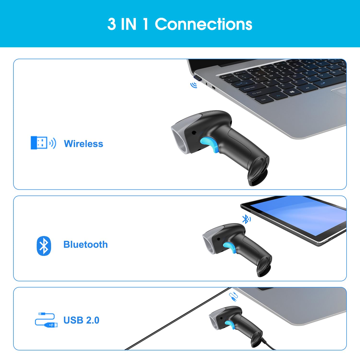 Sumicor Bluetooth Wireless Barcode Scanner with Stand, Handfrees Automatic Scanning & Manual Trigger Hand Barcode Scanner Gun, 1D 2D QR Code DM Scanner Work with Smart Phone, Tablet, PC