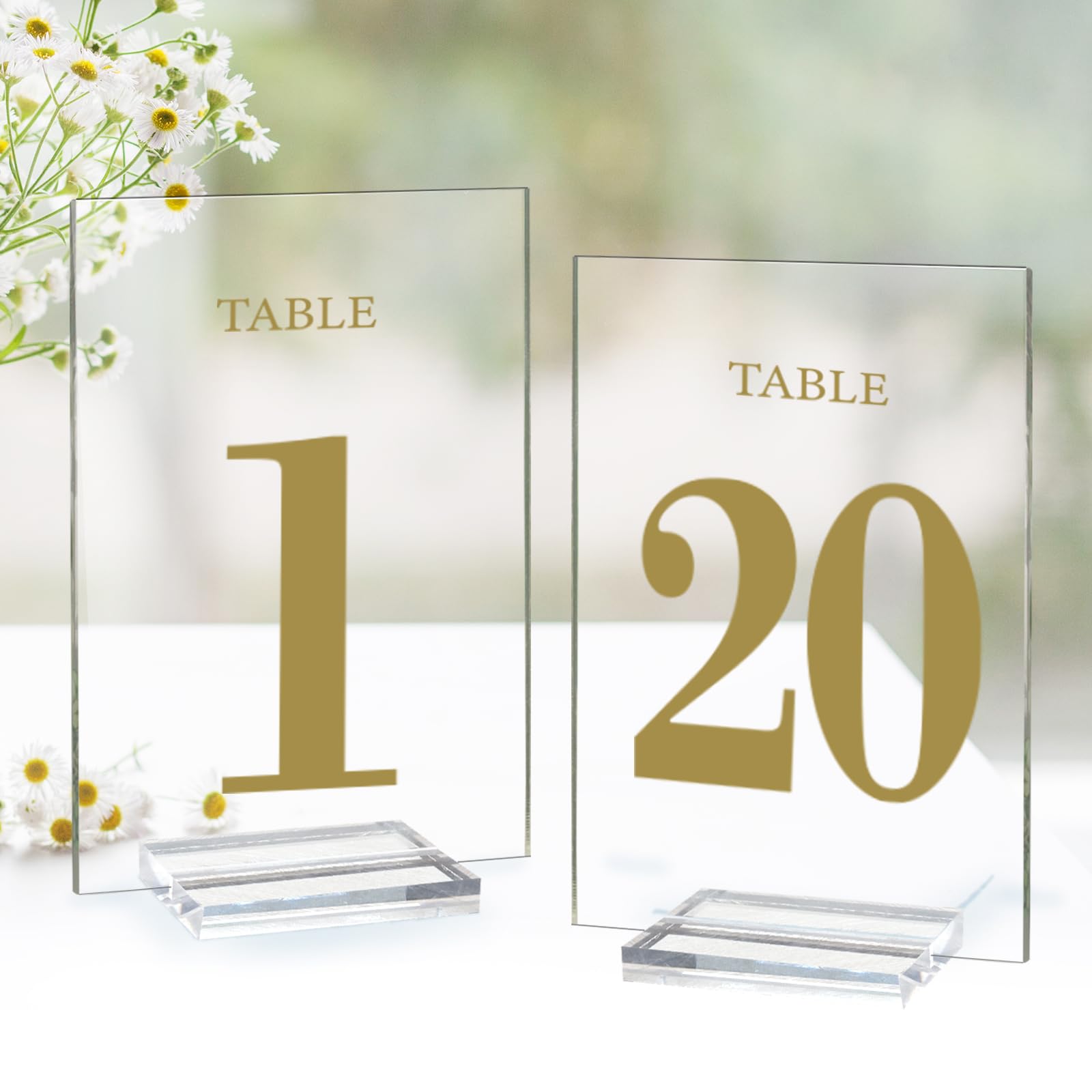 Acrylic Wedding Table Numbers 1-20 with Removable Base 6×4x1/8 Elegant Table Number Holders for Weddings Meeting, Events, Birthdays, and Anniversaries