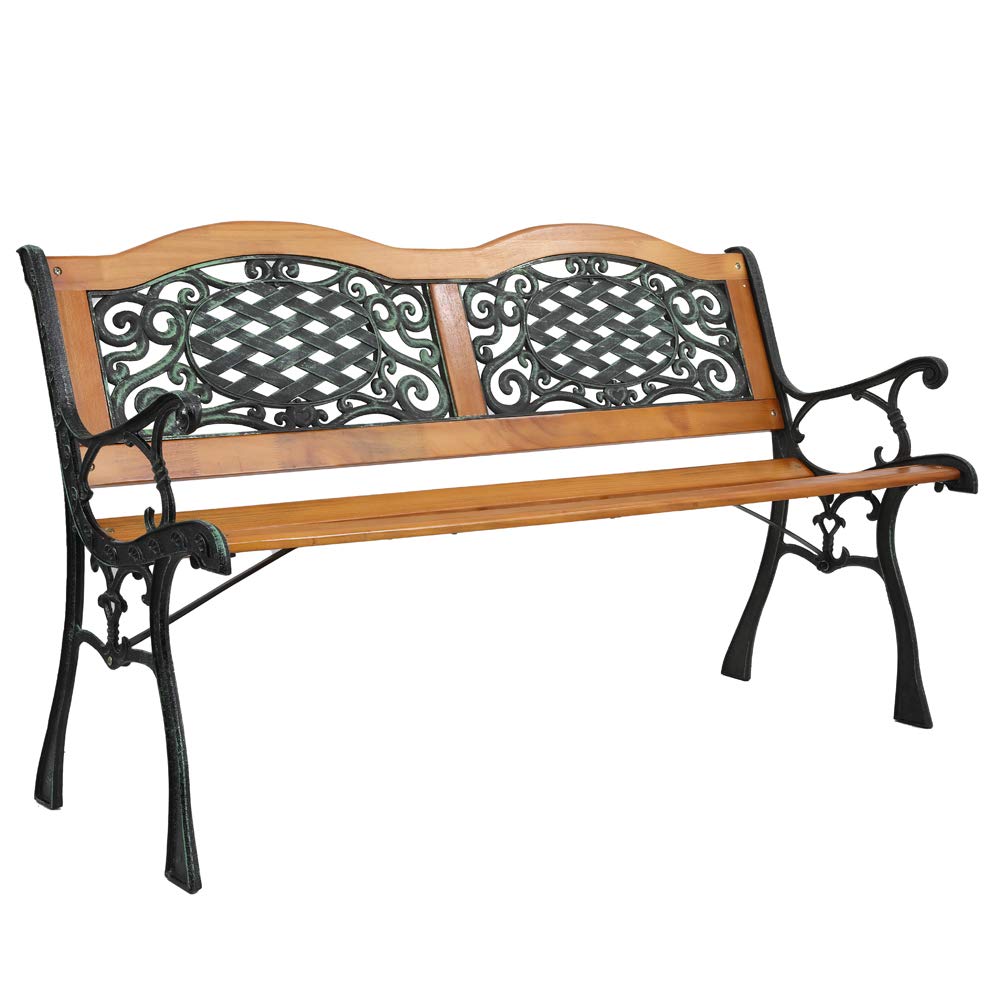 Shyneer 49'' Patio Bench, Outdoor Garden Bench, Cast Iron & Hardwood Structure, Weather Proof Porch Furniture, Perfect for Backyard, Deck, Lawn, Poolside