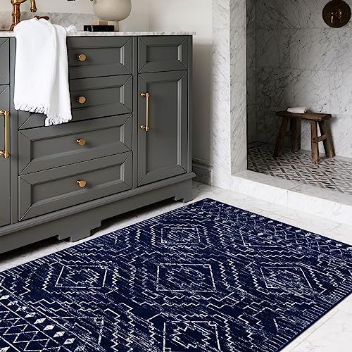 Wonnitar Moroccan Washable Rug 3x5, Blue Non-Slip Entryway Area Rug, Soft Farmhouse Bedroom Throw Mat, Geometric Low Pile Scandinavian Accent Carpet for Entry Kitchen Basement (Blue,3'x5')