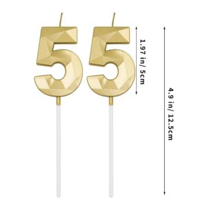 55th Birthday Candles for Cake, Gold Number 55 3D Diamond Shaped Candle Birthday Decorations Party Supplies for Women or Men