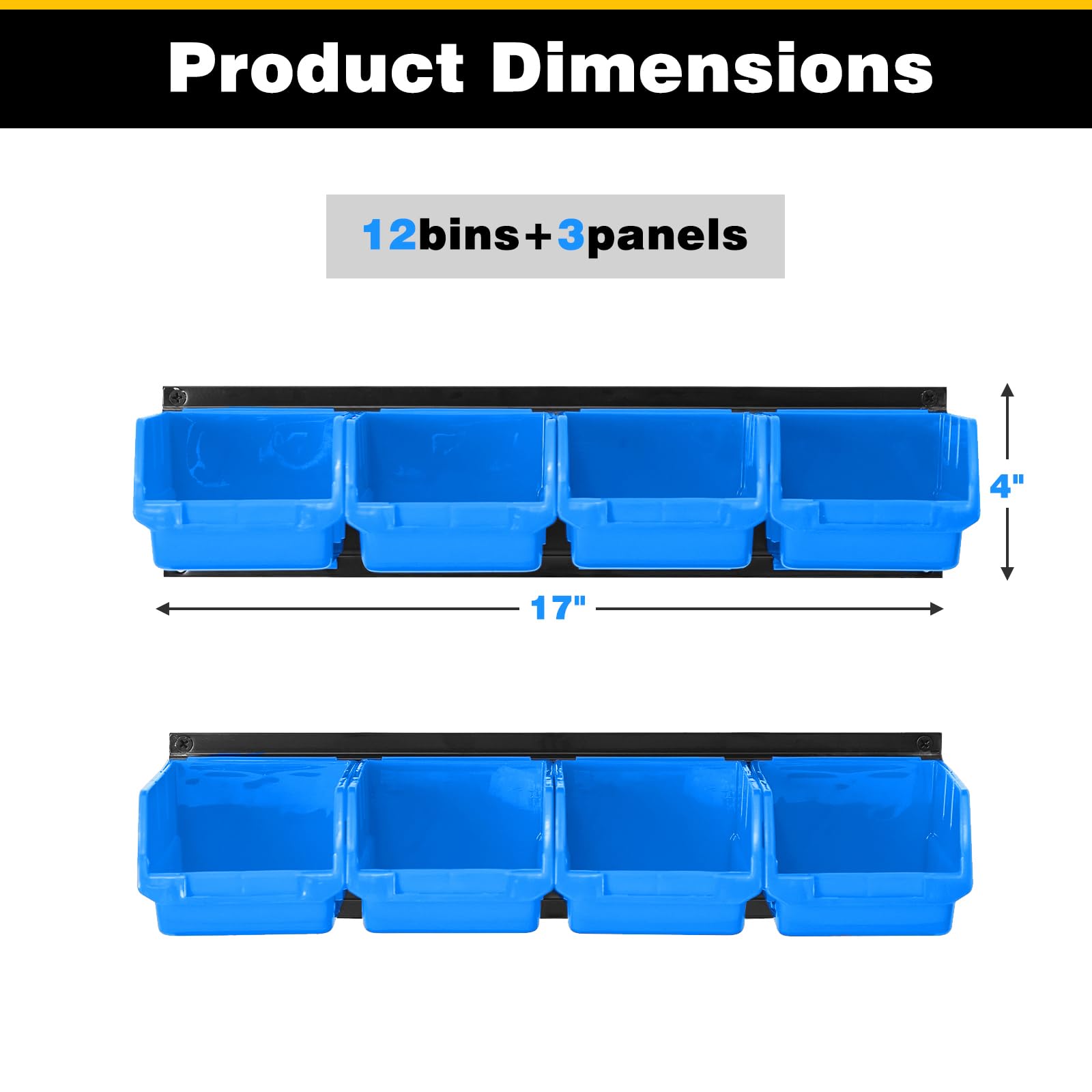 Ultrawall Wall Mounted Storage Bins, Plastic Hanging Storage Organizer Bins, Garage Tool Storage System for Screws, Nuts, Bolts, Nails, and Small Hardware Parts, 12x bins & 3 x rails, Blue