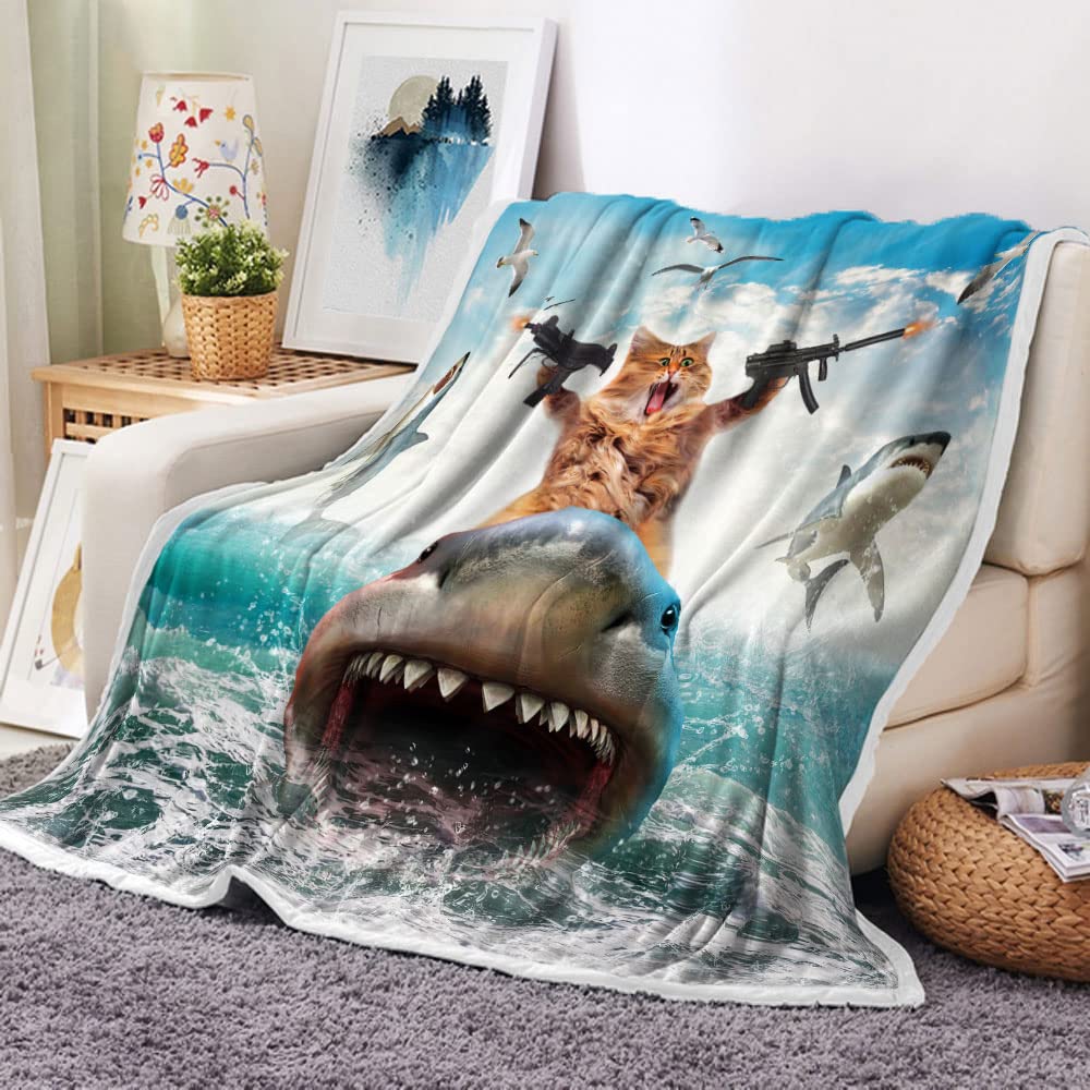 Funny Cat Throw for Kids, Farmhouse Cool Cat Riding Shark on Blue Ocean Fleece Throw Blanket Cozy Soft Lightweight Couch Sofa Bed,Blue Blankets Bedding Gifts for Girls Boys Teens Cute Throw Blanket