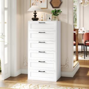 botlog white 6 drawer dresser, dresser for bedroom with trapezoidal design, chest of drawers for bedroom, wood tall dresser for closet with large organizer for living room, hallway, entryway, white