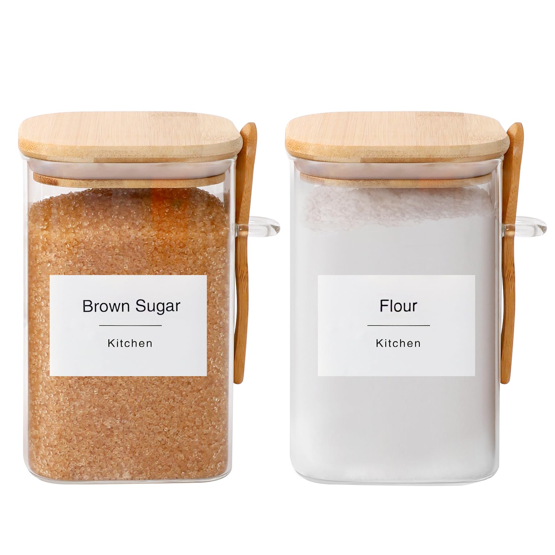 Flour and Sugar Containers - 34 oz Glass Jar with Bamboo Lid and Spoon, Sugar Holder and Canister for Countertop, Glass Containers for Coffee Beans, Tea, Flour, Nuts, Candy and Cookie (Set of 2)