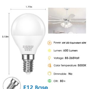 EvaStary Ceiling Fan Light Bulbs, 60W Equivalent E12 LED Bulb, Super Bright 600LM Daylight 5000K Small Base A15 Shape Candelabra Bulb for Chandelier, Ceiling Fans, Non-dimmable, 85-265V, 6 Pack