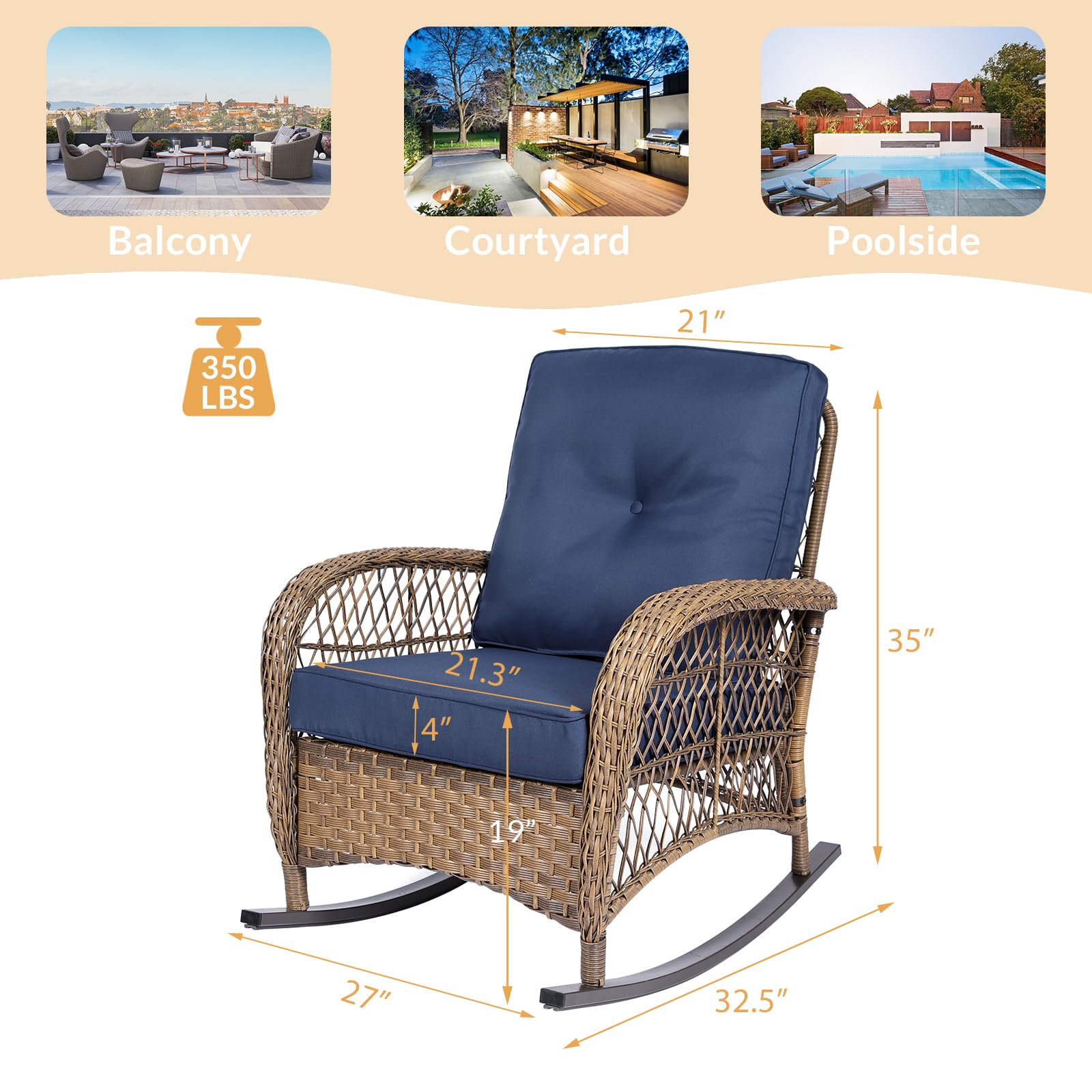 W WARMHOL Outdoor Wicker Rocking Chair with Thickened Cushions, All-Weather Rattan Patio Rocking Chairs, Rocker Wicker Chair for Porch Garden & Backyard, Navy Blue