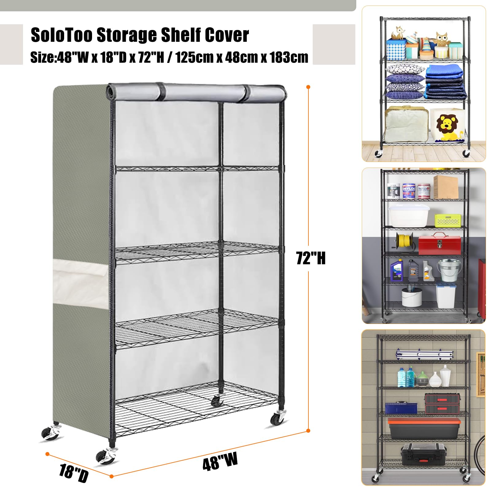 SoloToo Shelf Cover - Heavy Duty Waterproof Shelves Cover,Storage Shelving Unit Cover,Fits 48" W x 18" D x 72" H Storage Rack (Grayish Green)