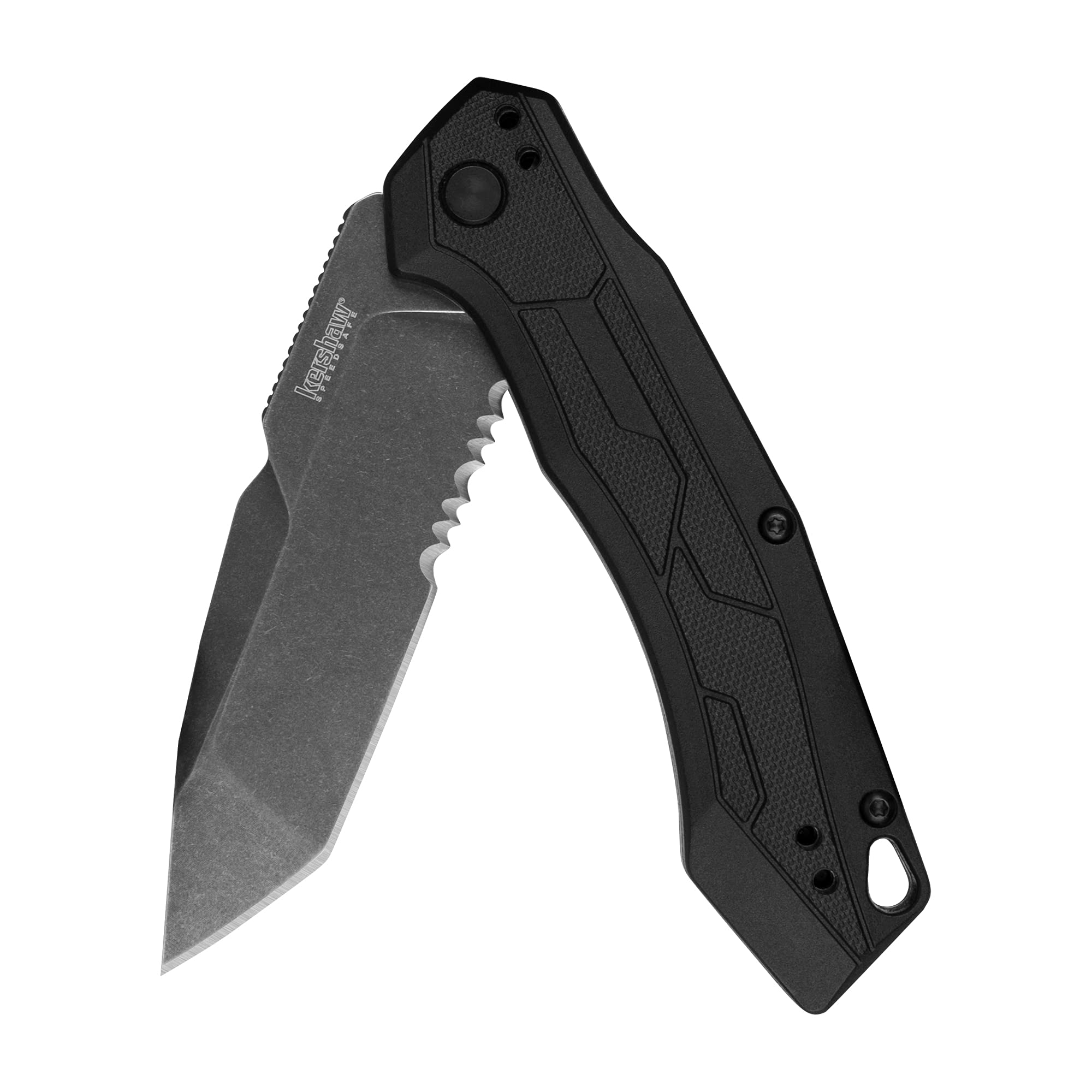 Kershaw Analyst Tanto Pocket Knife, 3.25, in. Blade, SpeedSafe Opening, Liner Lock, Black & Smith’s PP1 Pocket Pal Knife Sharpener Preset Carbide & Ceramic Stone Sharpeners Fold, Handheld, Compact