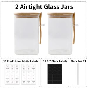 Flour and Sugar Containers - 34 oz Glass Jar with Bamboo Lid and Spoon, Sugar Holder and Canister for Countertop, Glass Containers for Coffee Beans, Tea, Flour, Nuts, Candy and Cookie (Set of 2)