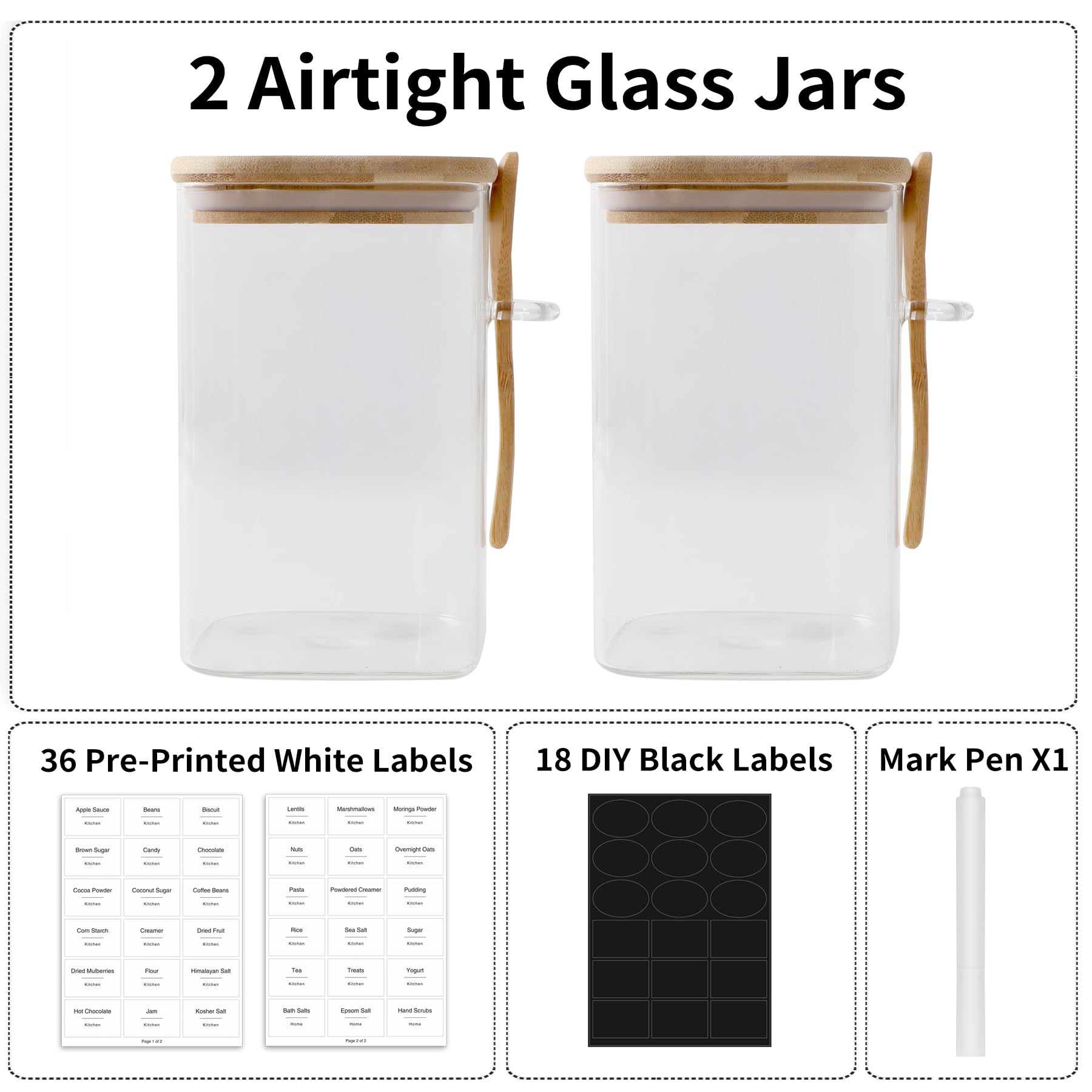 Flour and Sugar Containers - 34 oz Glass Jar with Bamboo Lid and Spoon, Sugar Holder and Canister for Countertop, Glass Containers for Coffee Beans, Tea, Flour, Nuts, Candy and Cookie (Set of 2)