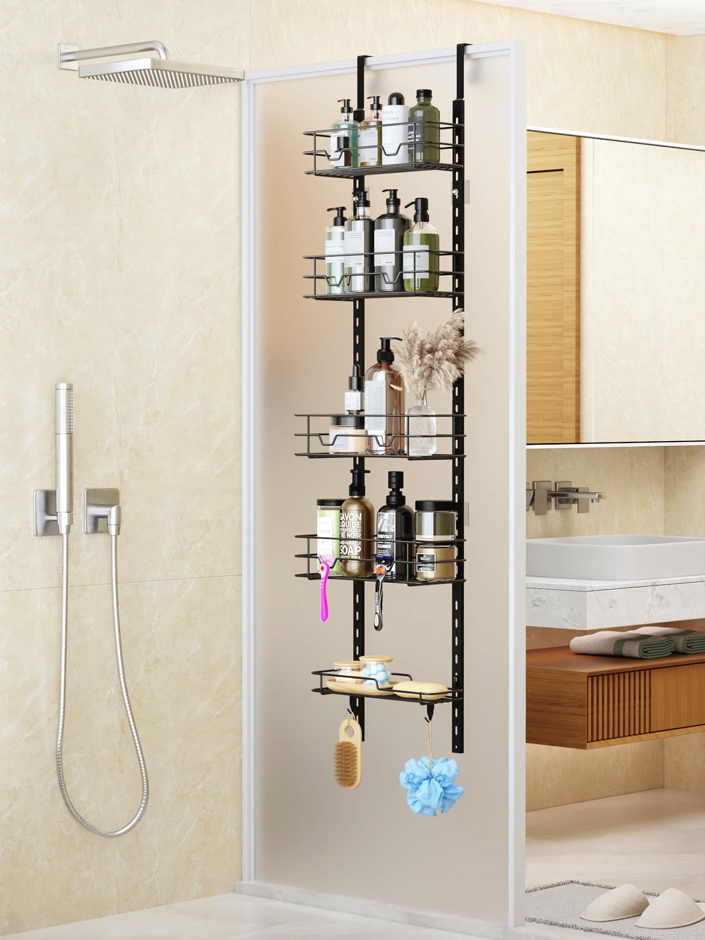 Elbourn Over The Door Shower Caddy, Adjustable Hanging Shower Organizer, Shampoo Rack Bathroom Storage - 5 Shelves