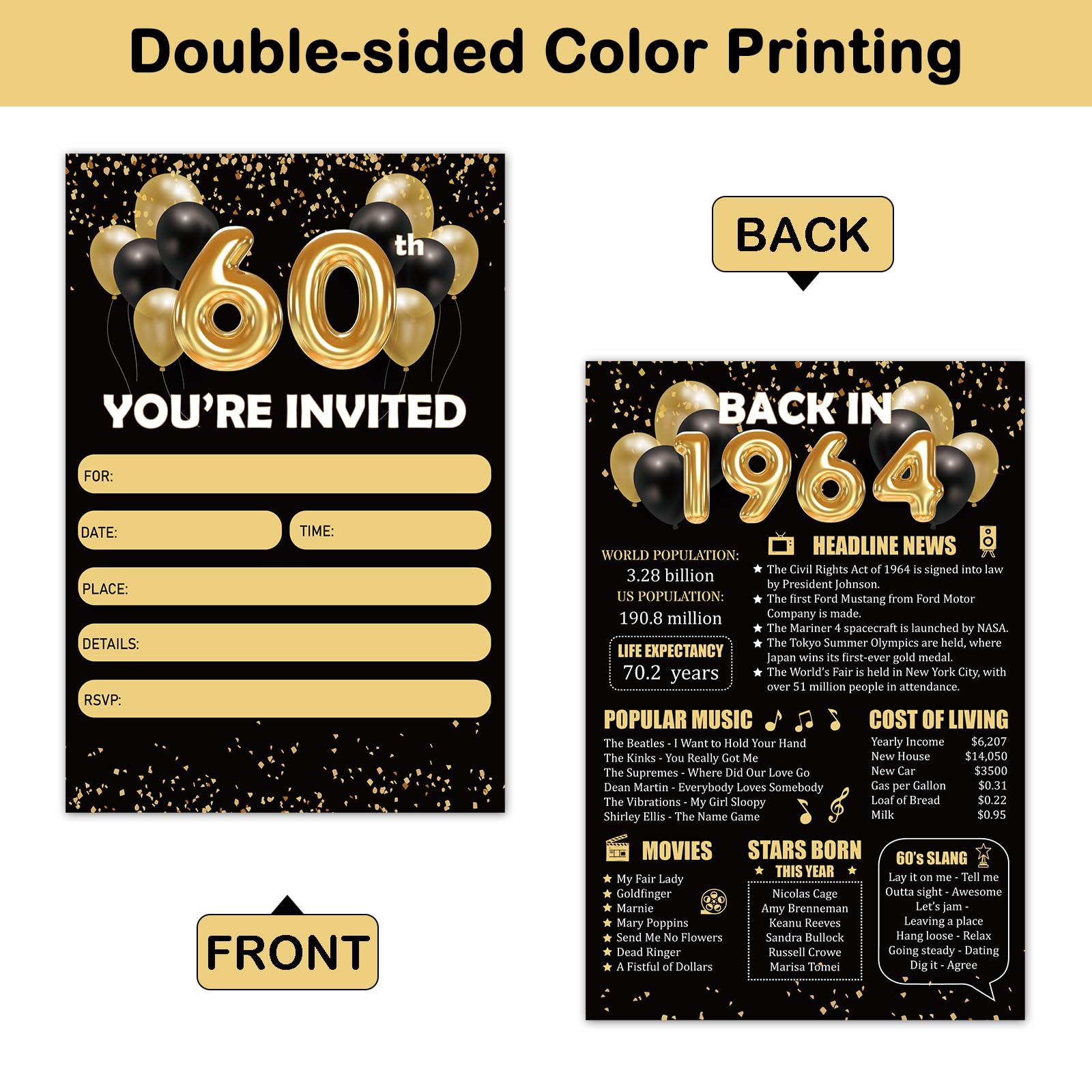 REWIDPARTY Black Gold 60th Birthday Invitations with Envelopes & Stickers（Set of 15） Back in 1964 Fill in Invitations Happy 60th Birthday Invite Cards 60 Years Old Birthday Party Supplies for Adults