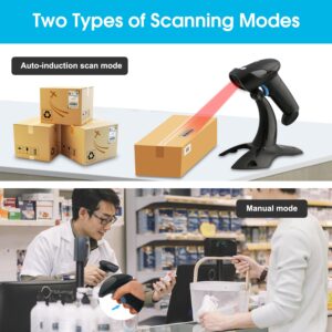 Sumicor Bluetooth Wireless Barcode Scanner with Stand, Handfrees Automatic Scanning & Manual Trigger Hand Barcode Scanner Gun, 1D 2D QR Code DM Scanner Work with Smart Phone, Tablet, PC