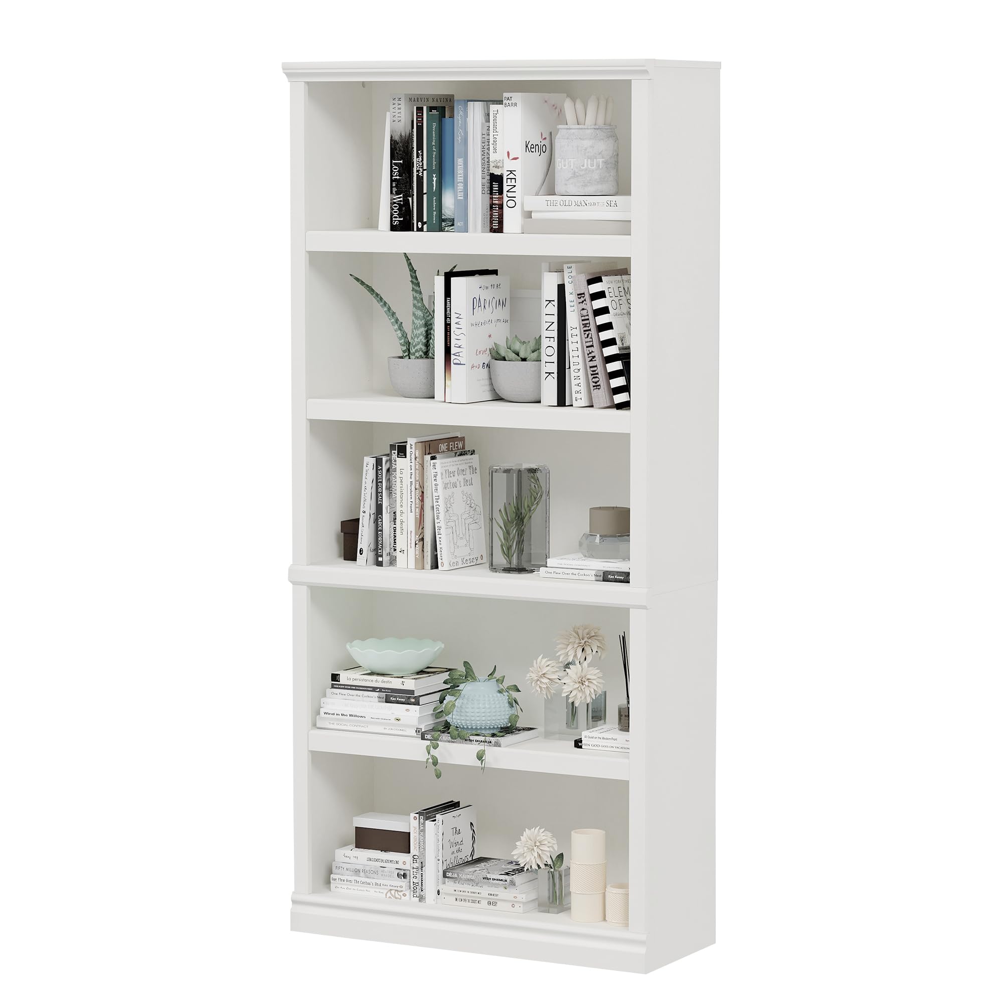 Bevfint 70 in Tall Bookcase, White Bookshelf Open Storage 5 Tier Shelves, 33 inch Wide Floor Standing Bookshelves, Book Case for Home School Library Office Bedroom Kids, White