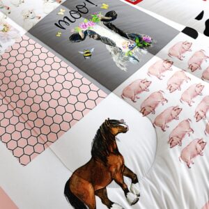 HOSIMA Cow Bedding Set,Farmhouse Comforter Western Country Style Room Decor Aesthetic,Cute Cartoon Farm Animal Pig Cow Horse Twin Bedding Sets for Girls Boys,Pink White Grid Comforter.