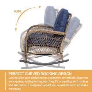 W WARMHOL Outdoor Wicker Rocking Chair with Thickened Cushions, All-Weather Rattan Patio Rocking Chairs, Rocker Wicker Chair for Porch Garden & Backyard, Navy Blue