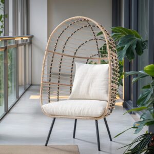 joivi wicker egg chair, oversized indoor outdoor lounger large egg basket chair with stand and cushions for patio porch, backyard, living room, balcony (beige rattan, creamy white cushion)