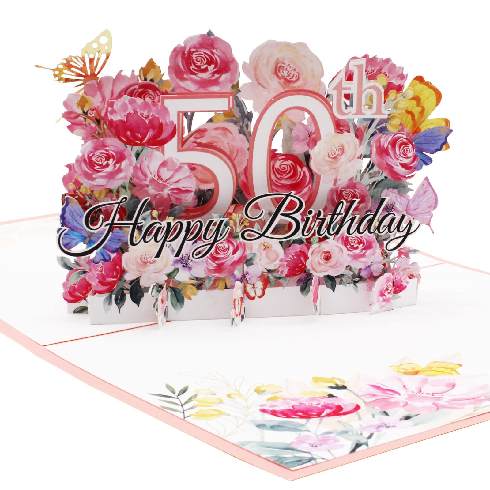 Pop Up Birthday Card Happy 50th Birthday Cards Pink Birthday Gift Card 3D Popup 50th Birthday Greeting Card Flower Card with Note Card and Envelope 50th Birthday Gifts for Women Men Wife Mother Father