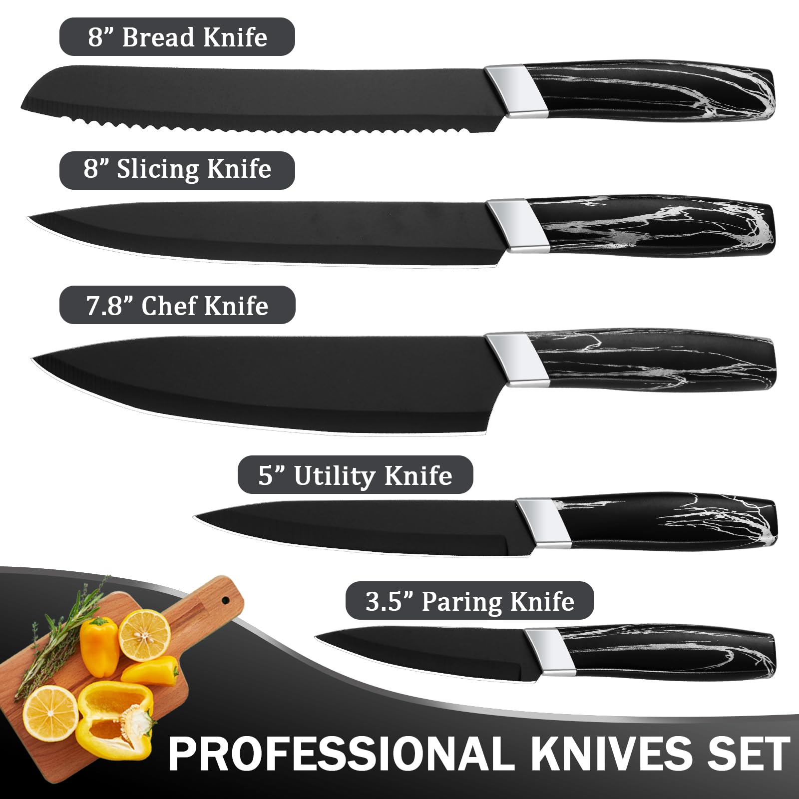 BEWOS Kitchen Knife Set, 5Pices Black Knife Set, Stainless Steel Kitchen Knives,Sharp and Ergonomic Knives for Kitchen,Dishwasher Safe