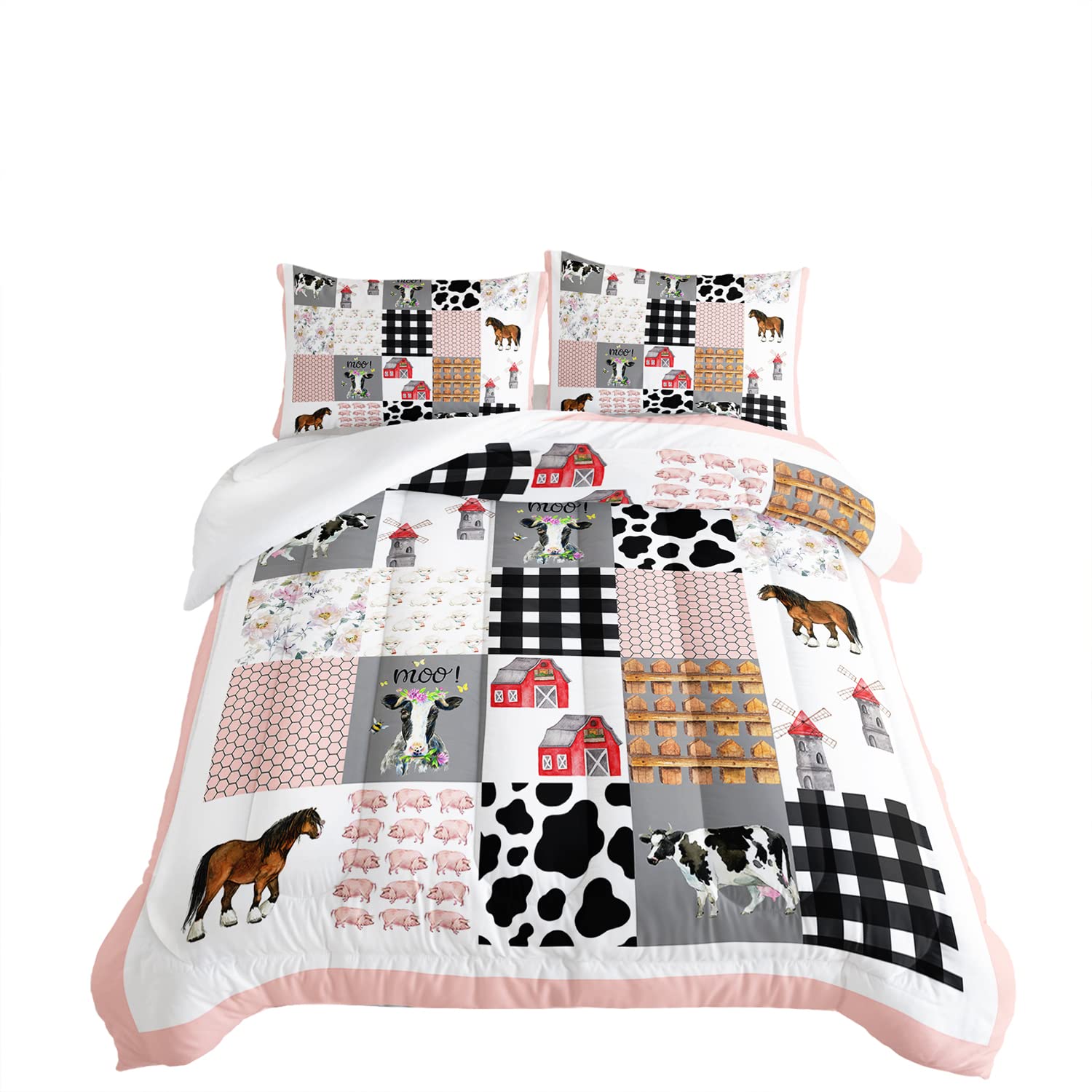 HOSIMA Cow Bedding Set,Farmhouse Comforter Western Country Style Room Decor Aesthetic,Cute Cartoon Farm Animal Pig Cow Horse Twin Bedding Sets for Girls Boys,Pink White Grid Comforter.