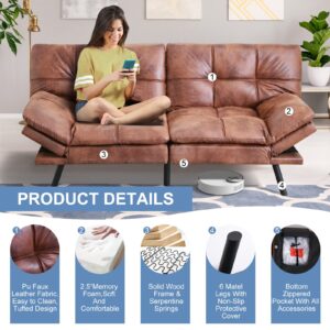 MUUEGM Futon Sofa Bed Memory Foam Futon Couch Bed Sofa Sleeper,Modern Convertible Faux Leather Futon for Living Room,Small Love seat for Apartment Office,w/Adjustable Armrests Backrest,Brown