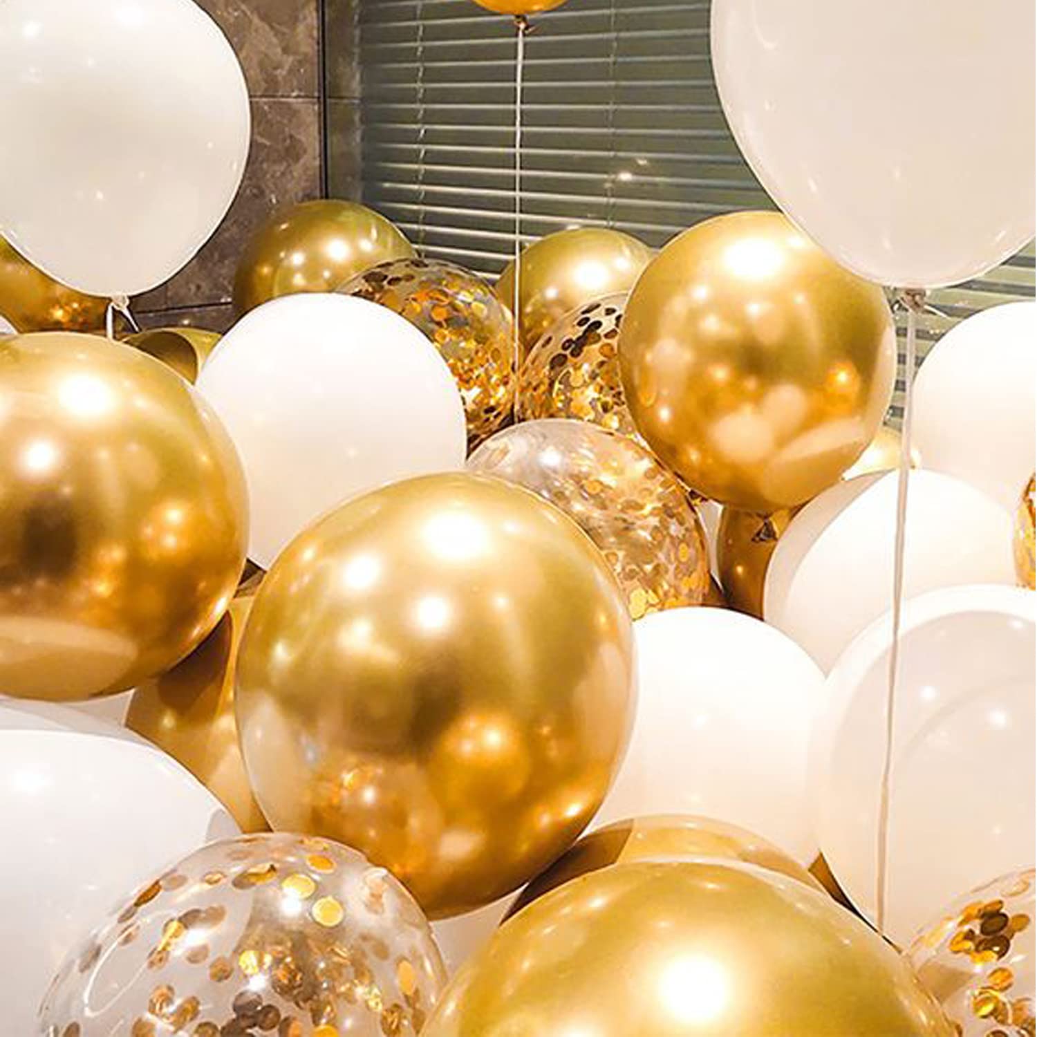 White and Gold Confetti Latex Balloons, 50 Pack 12 inch gold and white Party Balloons with Ribbons for Birthday Graduation Wedding Bridal Shower Party Decoration