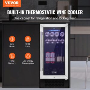 VEVOR 15” Beverage Refrigerator, 96 Cans Under Counter Built-in or Freestanding Beer Fridge, Blue LED Light, Adjustable Shelves, Child Lock, ETL