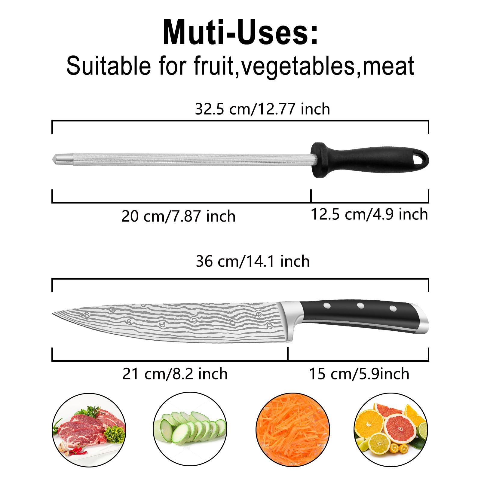 Unokit Chef knife, Professional chef knife 8.3 inch and honing steel, stainless steel, Ergonomic Handle, Ultra Sharp Chef Knife, Non-Stick Kitchen Knife, Chefs Knives and Honing Steel with Gift Box