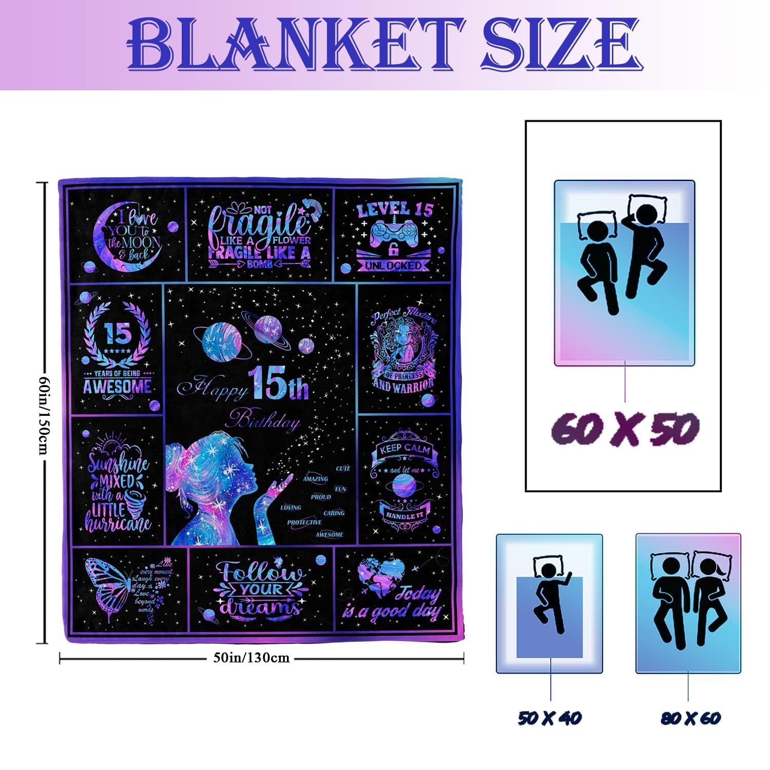 Dulkjio Gifts for 15 Year Old Girl, Quinceanera Gifts, 15 Year Old Girl Gift Ideas, Birthday Gift for 15 Years Old Girl, 15th Birthday Gifts for Teen Girls, 15 Year Old Girl Gift Throw Blanket 60"X50"