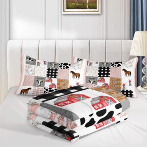 HOSIMA Cow Bedding Set,Farmhouse Comforter Western Country Style Room Decor Aesthetic,Cute Cartoon Farm Animal Pig Cow Horse Twin Bedding Sets for Girls Boys,Pink White Grid Comforter.