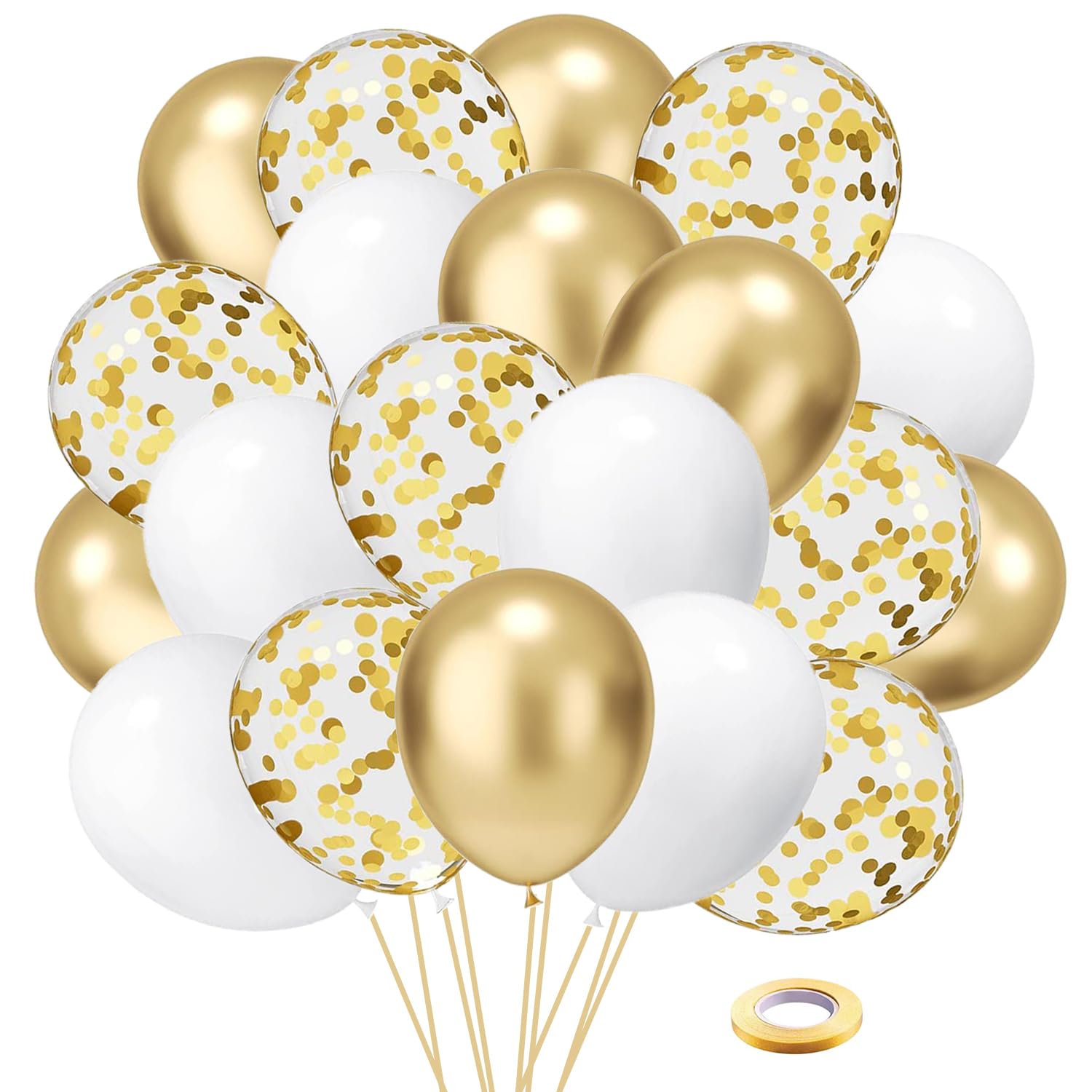 White and Gold Confetti Latex Balloons, 50 Pack 12 inch gold and white Party Balloons with Ribbons for Birthday Graduation Wedding Bridal Shower Party Decoration