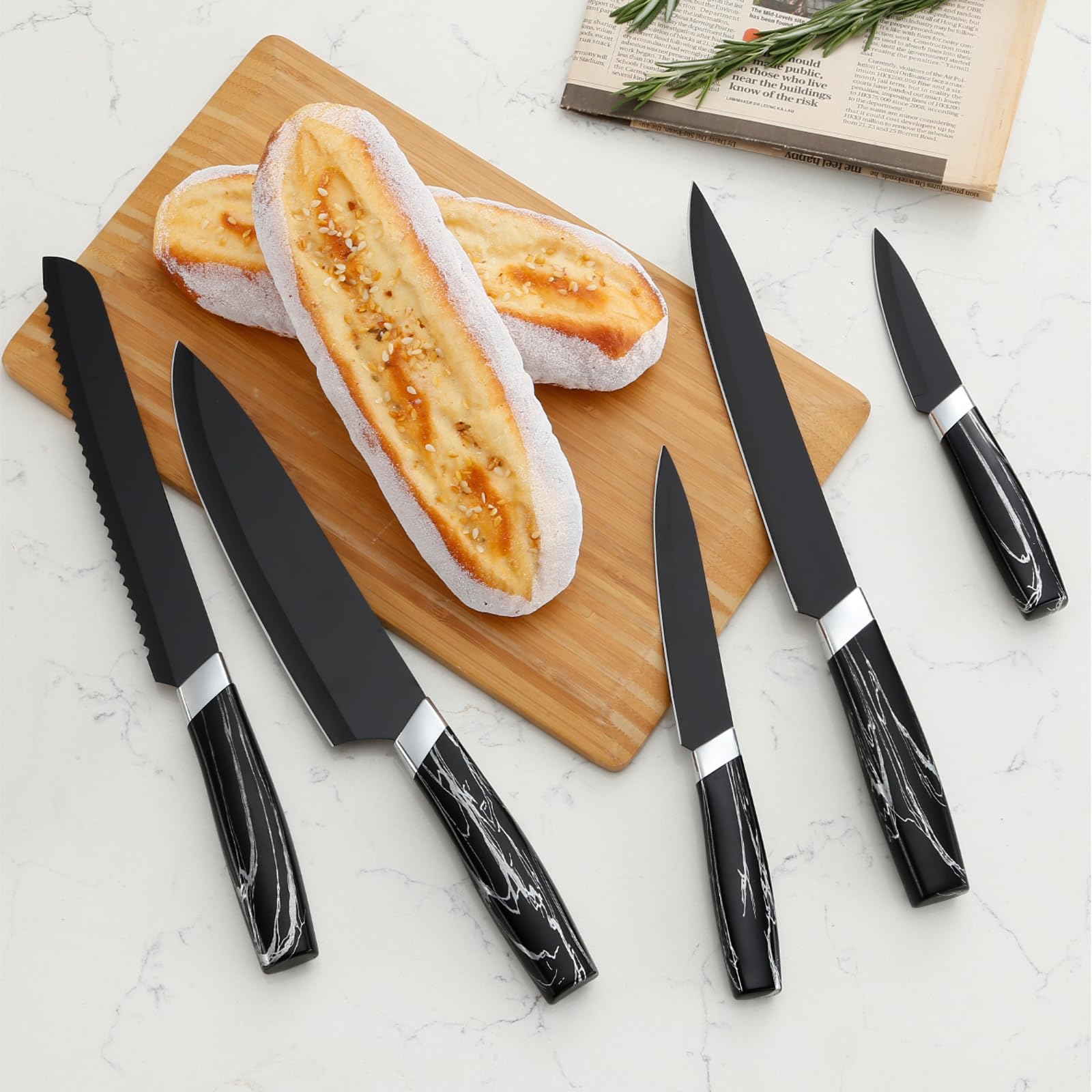 BEWOS Kitchen Knife Set, 5Pices Black Knife Set, Stainless Steel Kitchen Knives,Sharp and Ergonomic Knives for Kitchen,Dishwasher Safe