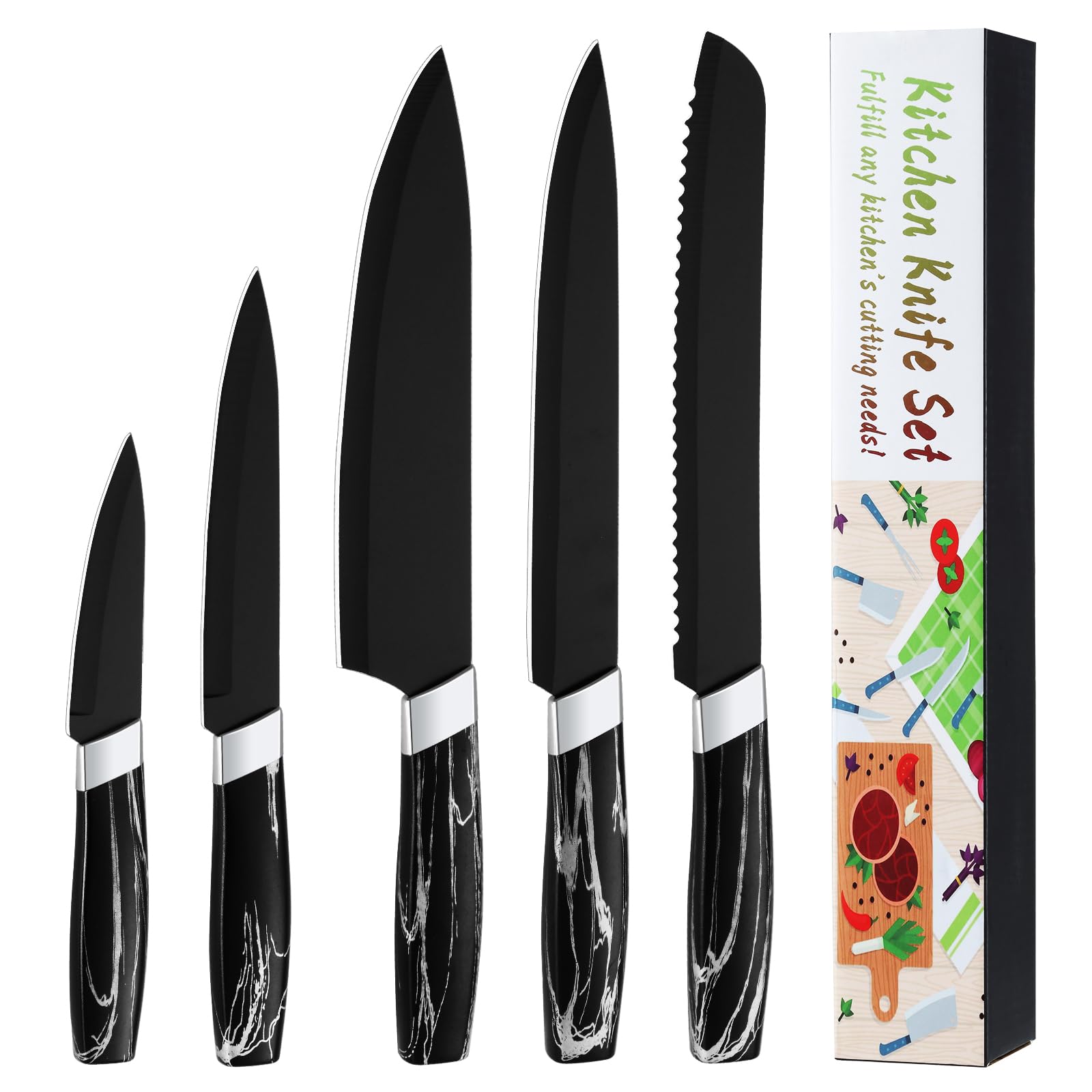 BEWOS Kitchen Knife Set, 5Pices Black Knife Set, Stainless Steel Kitchen Knives,Sharp and Ergonomic Knives for Kitchen,Dishwasher Safe