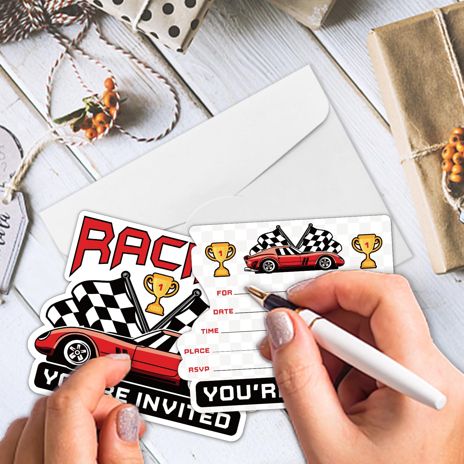 REWIDPARTY Race Car Party Invitations with Envelopes & Stickers（Set of 15） Red Racing Shaped Fill-in Invitations Car Racing Birthday Party Invite Cards Race Car Party Supplies for Kids Teens Adults