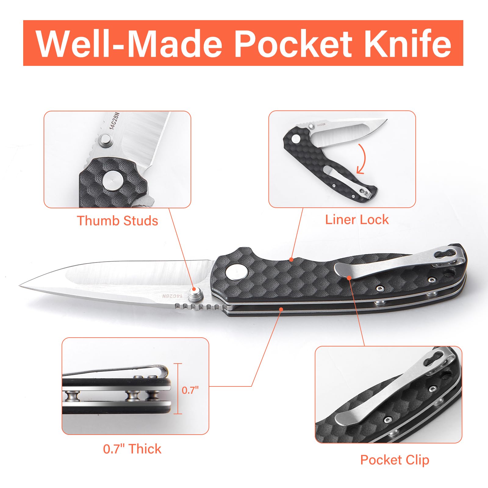 Monikala Pocket Knives & Folding Knives, 3.4" G10 Pocket Knife Set, Liner Lock Pocket Knife, 14C28N Blade, Superior Pocket Knife for Women Man, Folding Pocket Knife for Chritmas Gift