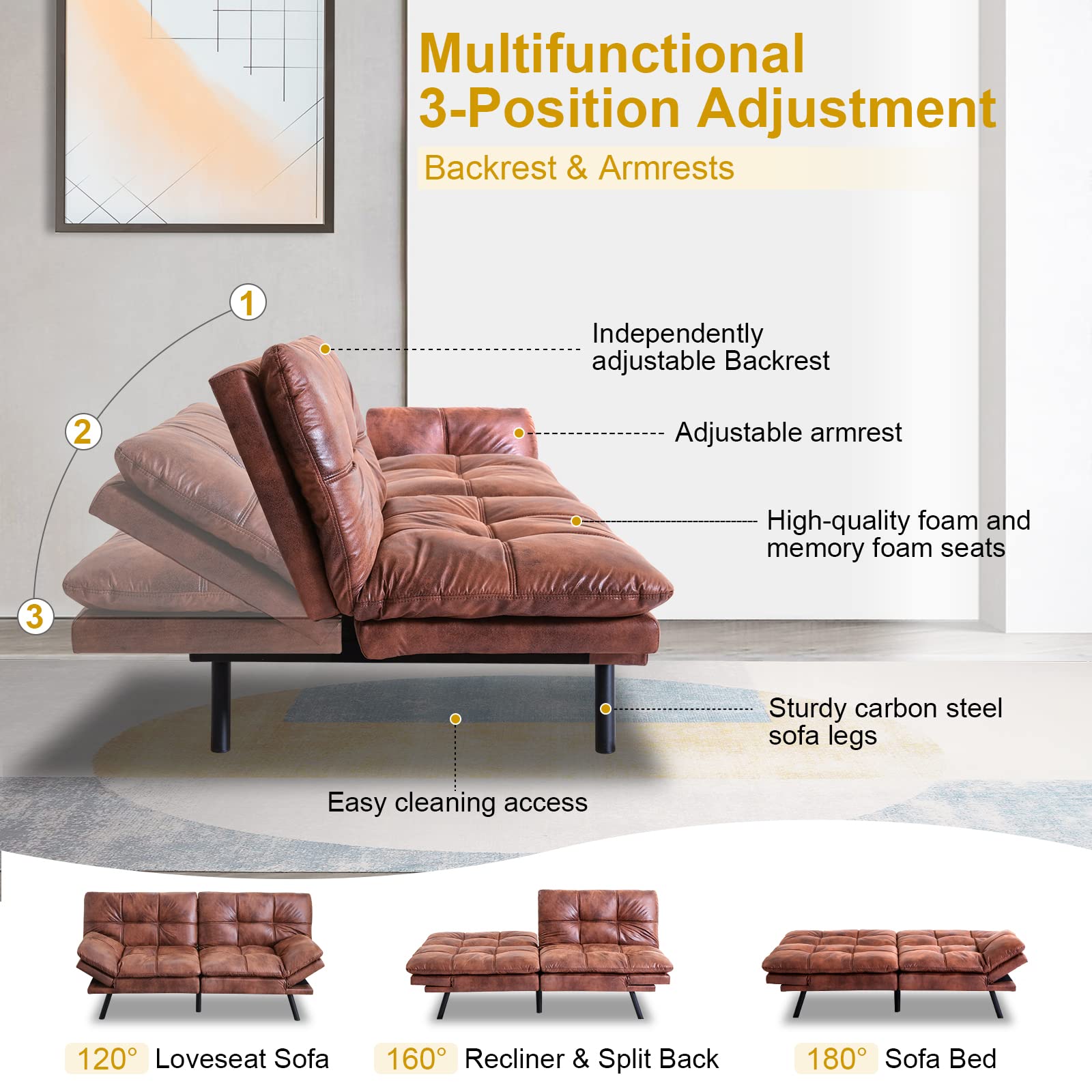 MUUEGM Futon Sofa Bed,Faux Leather Sofa Couch with Adjustable Armrests and Back,Modern Futon Couch,Convertible Sleeper Sofa for Living Room,Offices,Dorm,Studio and Small Space/Brown