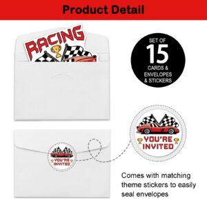 REWIDPARTY Race Car Party Invitations with Envelopes & Stickers（Set of 15） Red Racing Shaped Fill-in Invitations Car Racing Birthday Party Invite Cards Race Car Party Supplies for Kids Teens Adults