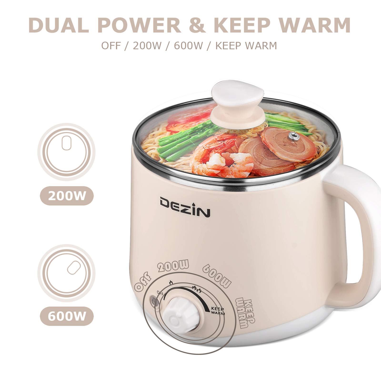 Dezin Hot Pot Electric with Steamer, Rapid Noodles Cooker, Stainless Steel Electric Pot 1.6 Liter, Perfect for Ramen, Egg, Dumpling, Soup, Oatmeal with Temperature Control and Keep Warm Function