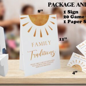 Sun Theme Favorite Family Traditions Baby Shower Games Set(1 Sign and 20 Cards), Games for Baby Shower, Wedding Shower, Bridal Shower, Game Night, Gender Reveal Party, Family Day Decorations 07