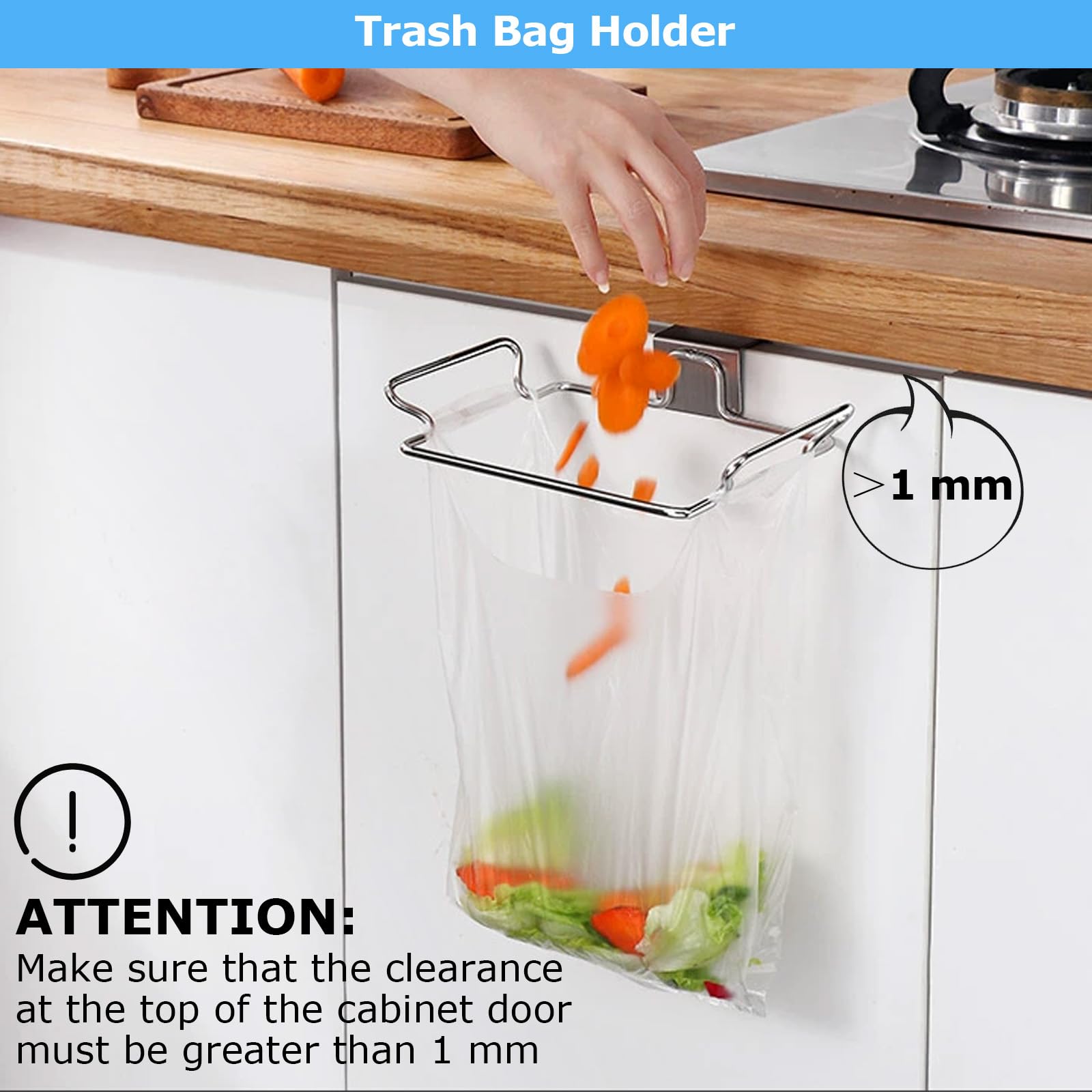 WOPPLXY 4 Pcs Stainless Steel Trash Bag Holder for Kitchen Cabinets Doors and Cupboards, 9.25 x 6 x 1.77 Inch Under Sink Bag Holder for Plastic Bags, Garbage Bag Holder for Cabinet