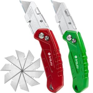 bibury utility knife 2-pack, heavy duty folding box cutter with extra 10pcs replacement sk5 blades, pocket carpet knife with quick change & safety lock, belt clip