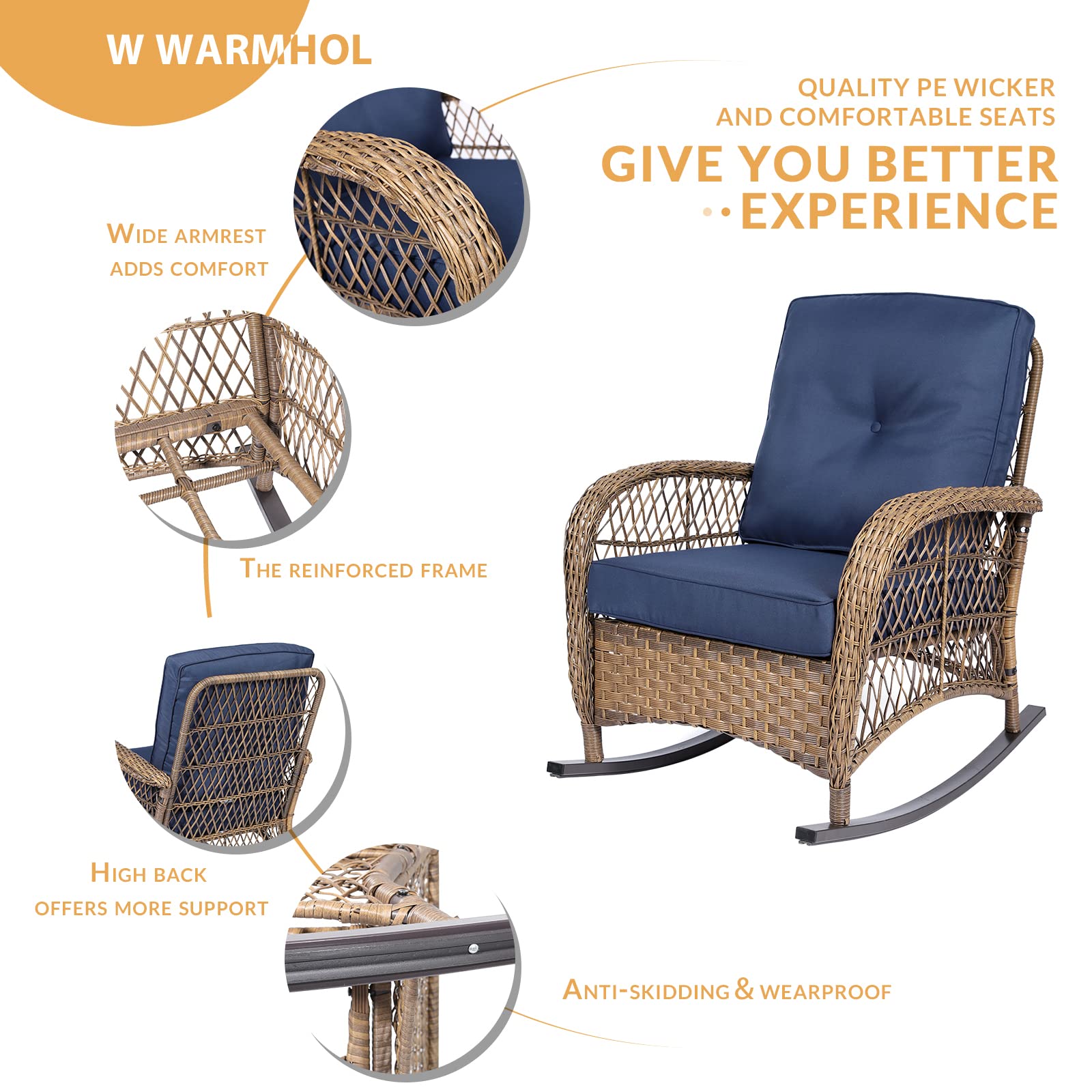 W WARMHOL Outdoor Wicker Rocking Chair with Thickened Cushions, All-Weather Rattan Patio Rocking Chairs, Rocker Wicker Chair for Porch Garden & Backyard, Navy Blue