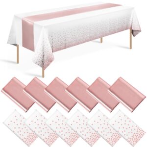 12 pack rose gold tablecloth and table runner set party decorations, white and rose gold plastic disposable tablecloth and satin table runner for wedding birthday bridal graduation anniversary party