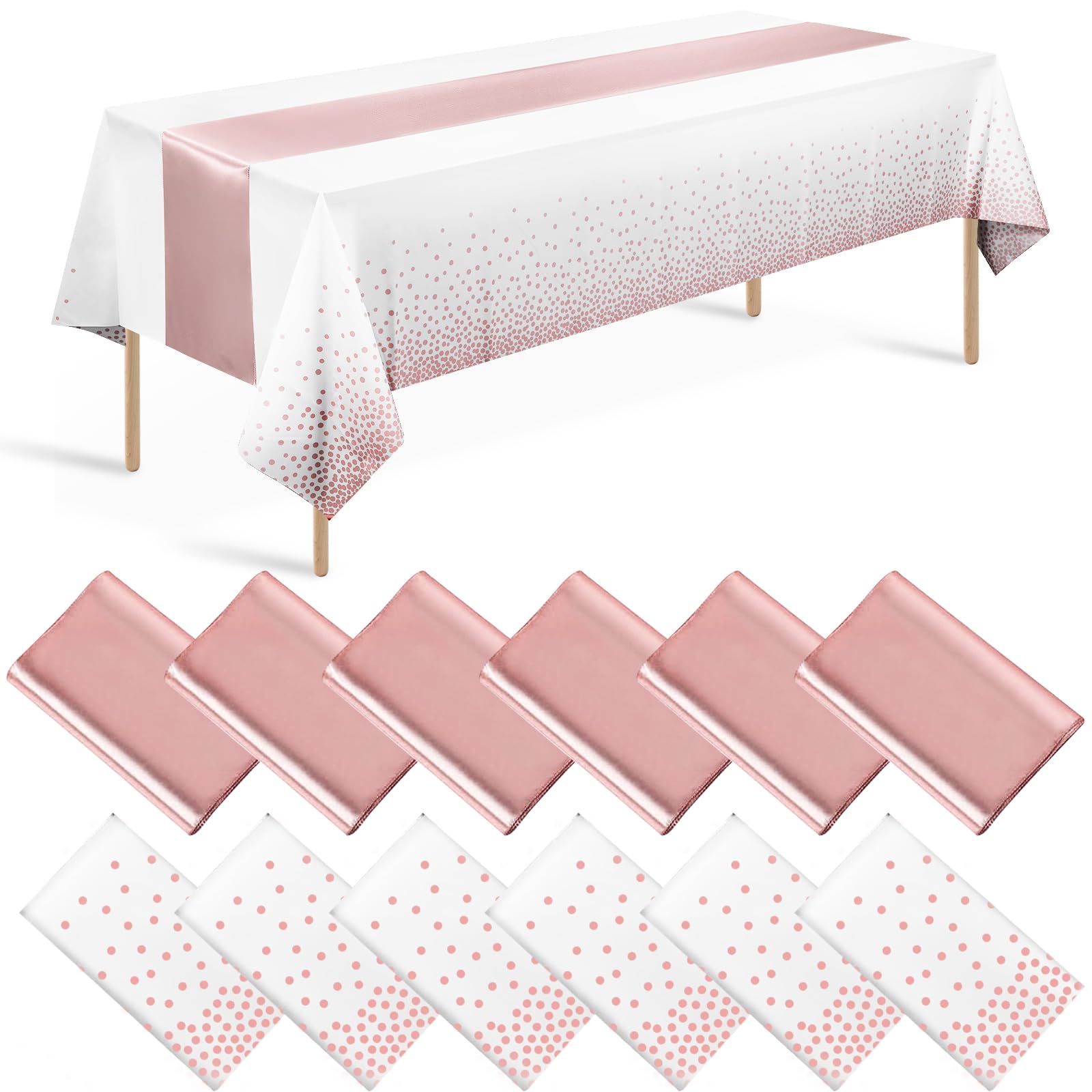 12 Pack Rose Gold Tablecloth and Table Runner Set Party Decorations, White and Rose Gold Plastic Disposable Tablecloth and Satin Table Runner for Wedding Birthday Bridal Graduation Anniversary Party